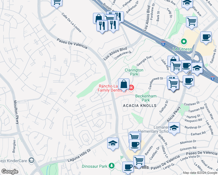 map of restaurants, bars, coffee shops, grocery stores, and more near 644 Avenida Sevilla in Laguna Woods