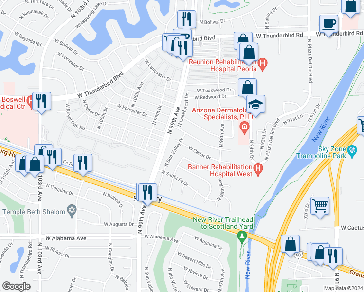 map of restaurants, bars, coffee shops, grocery stores, and more near 9855 West Cedar Drive in Sun City