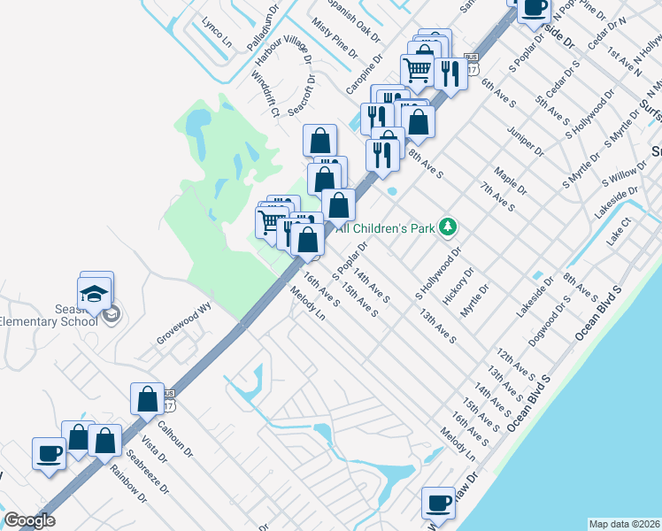 map of restaurants, bars, coffee shops, grocery stores, and more near 714 15th Avenue South in Surfside Beach
