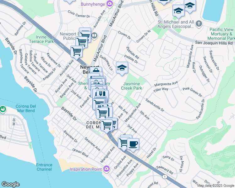 map of restaurants, bars, coffee shops, grocery stores, and more near 2931 5th Avenue in Newport Beach