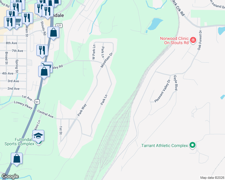 map of restaurants, bars, coffee shops, grocery stores, and more near 725 Park Lane in Coalburg