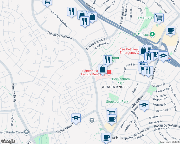 map of restaurants, bars, coffee shops, grocery stores, and more near 644 Avenida Sevilla in Laguna Woods