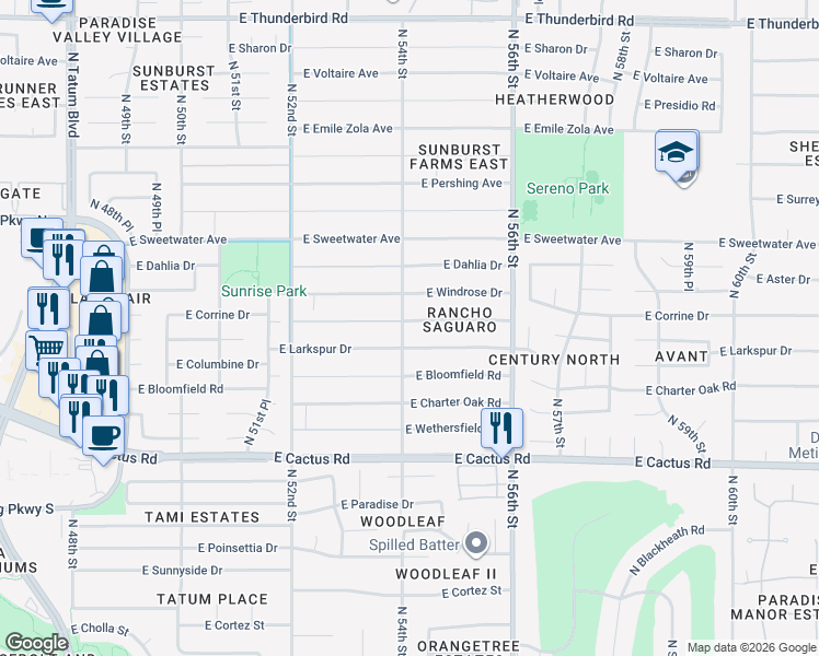 map of restaurants, bars, coffee shops, grocery stores, and more near 5401 East Corrine Drive in Scottsdale