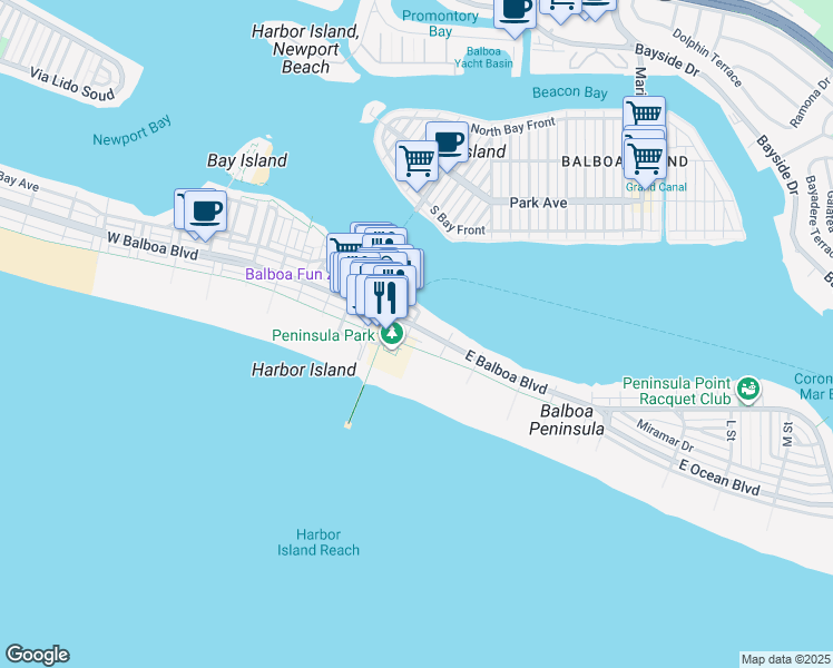 map of restaurants, bars, coffee shops, grocery stores, and more near 907 East Balboa Boulevard in Newport Beach