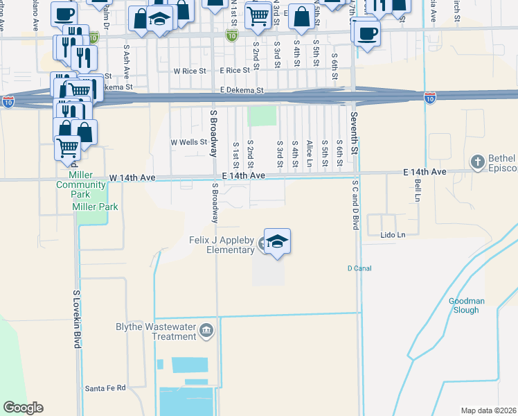 map of restaurants, bars, coffee shops, grocery stores, and more near 595 Polk Street in Blythe