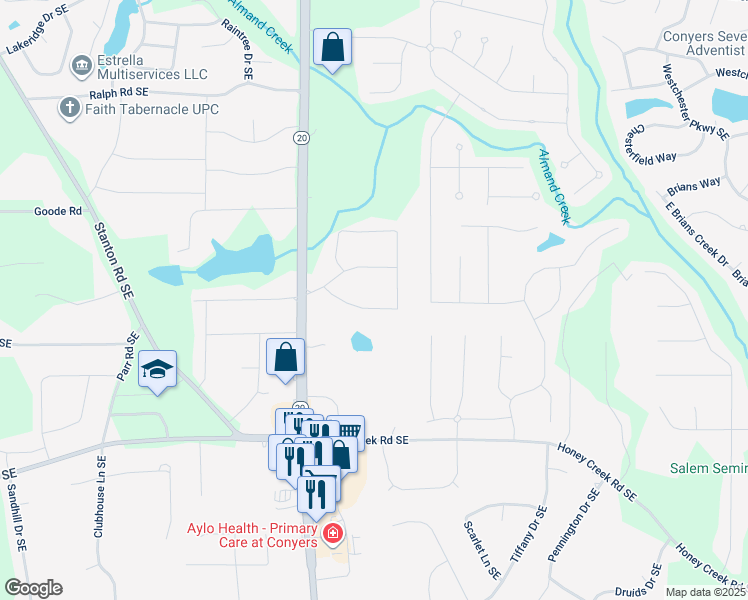 map of restaurants, bars, coffee shops, grocery stores, and more near 1046 Fox Street Southeast in Conyers