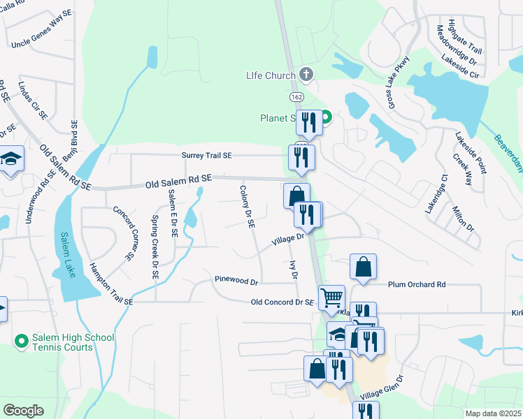 map of restaurants, bars, coffee shops, grocery stores, and more near 2177 East Chester Circle in Covington
