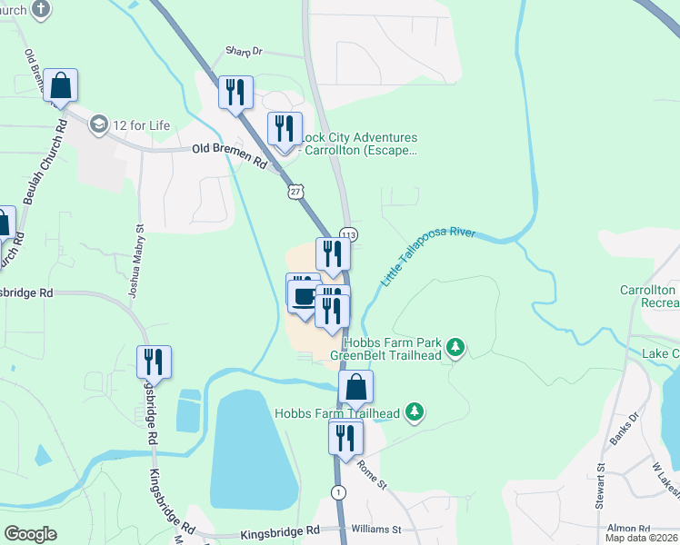 map of restaurants, bars, coffee shops, grocery stores, and more near 1200 North Park Street in Carrollton
