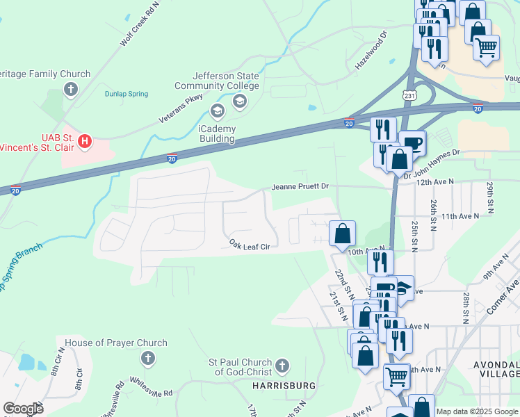 map of restaurants, bars, coffee shops, grocery stores, and more near 140 Oak Leaf Circle in Pell City