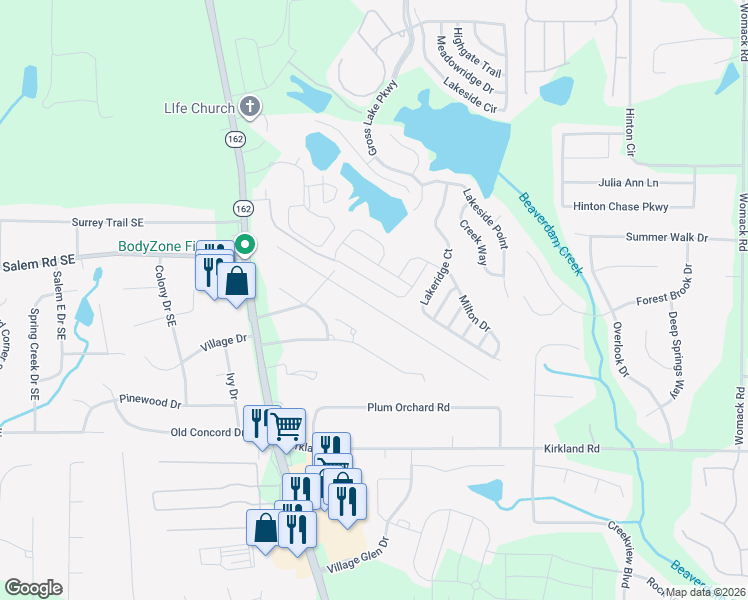 map of restaurants, bars, coffee shops, grocery stores, and more near 3365 Salem Cove Trail Southeast in Conyers