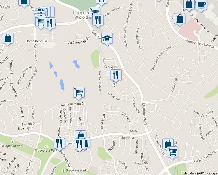 map of restaurants, bars, coffee shops, grocery stores, and more near 23402 Via San Martine in Laguna Hills