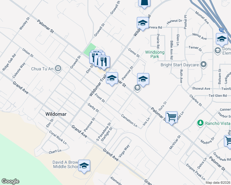 map of restaurants, bars, coffee shops, grocery stores, and more near 21638 Pink Ginger Court in Wildomar