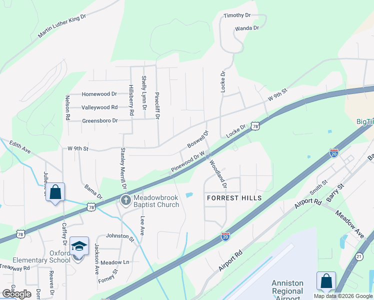 map of restaurants, bars, coffee shops, grocery stores, and more near 921 Boswell Drive in Oxford