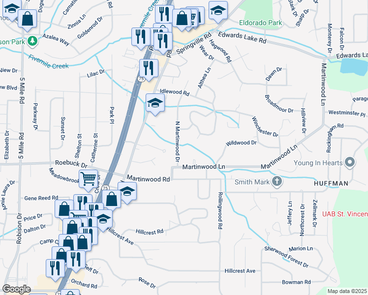 map of restaurants, bars, coffee shops, grocery stores, and more near 917 North Martinwood Drive in Birmingham