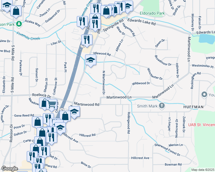 map of restaurants, bars, coffee shops, grocery stores, and more near 917 North Martinwood Drive in Birmingham