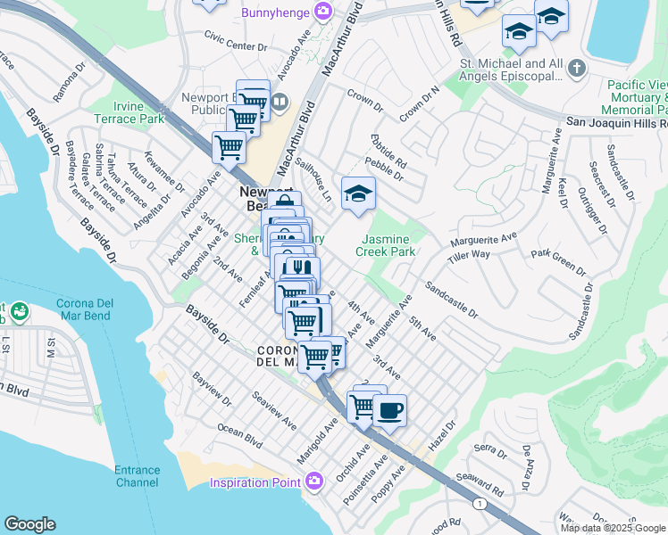 map of restaurants, bars, coffee shops, grocery stores, and more near 2931 5th Avenue in Newport Beach