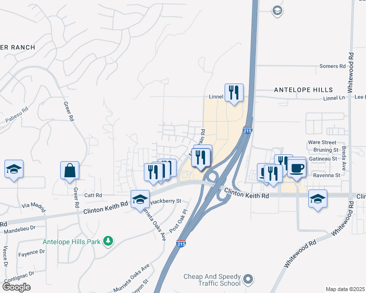 map of restaurants, bars, coffee shops, grocery stores, and more near 27569 Viridian Street in Murrieta