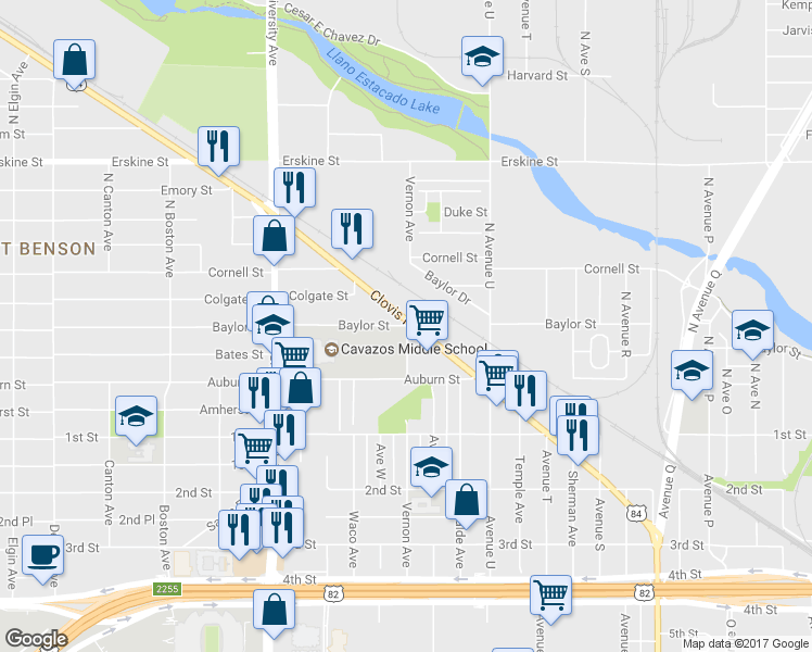 map of restaurants, bars, coffee shops, grocery stores, and more near 2201 Baylor Street in Lubbock