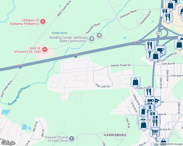 map of restaurants, bars, coffee shops, grocery stores, and more near 545 Oak Leaf Circle in Pell City