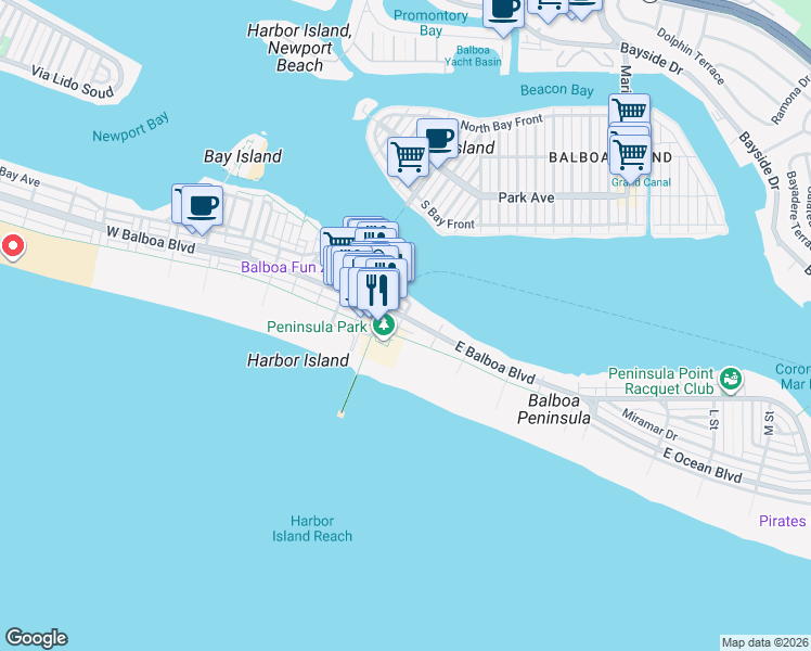 map of restaurants, bars, coffee shops, grocery stores, and more near 905 East Balboa Boulevard in Newport Beach