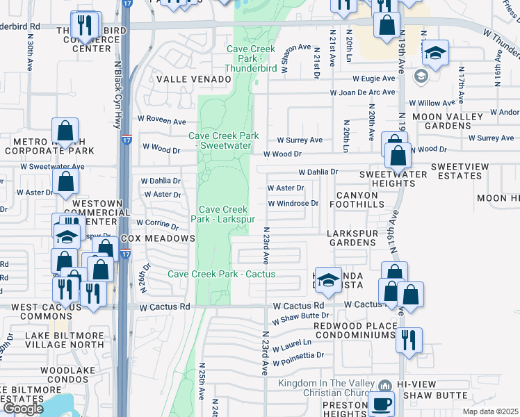 map of restaurants, bars, coffee shops, grocery stores, and more near 2307 West Windrose Drive in Phoenix