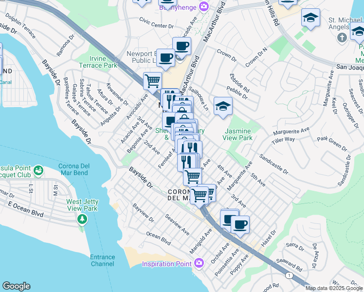 map of restaurants, bars, coffee shops, grocery stores, and more near 2711 East Coast Highway in Newport Beach