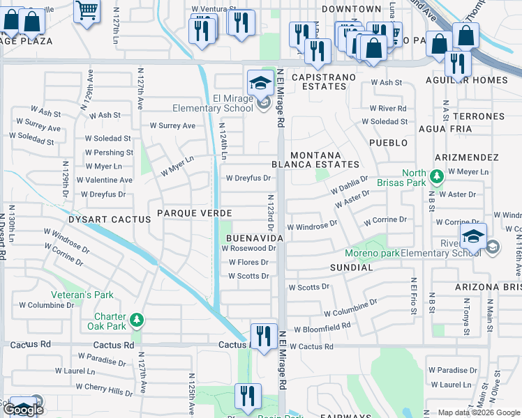 map of restaurants, bars, coffee shops, grocery stores, and more near 12313 W Aster Dr in El Mirage