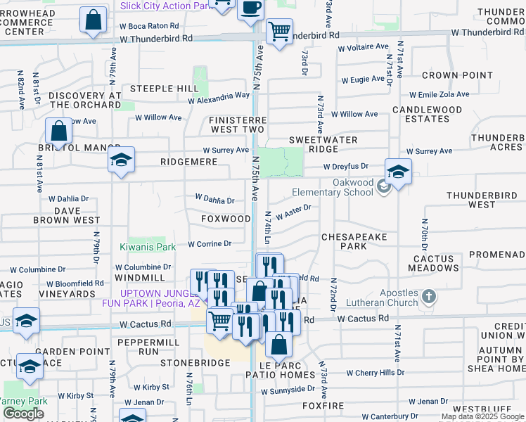 map of restaurants, bars, coffee shops, grocery stores, and more near 12860 North 74th Lane in Peoria