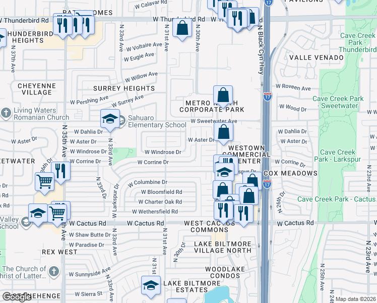 map of restaurants, bars, coffee shops, grocery stores, and more near 12639 North 30th Drive in Phoenix