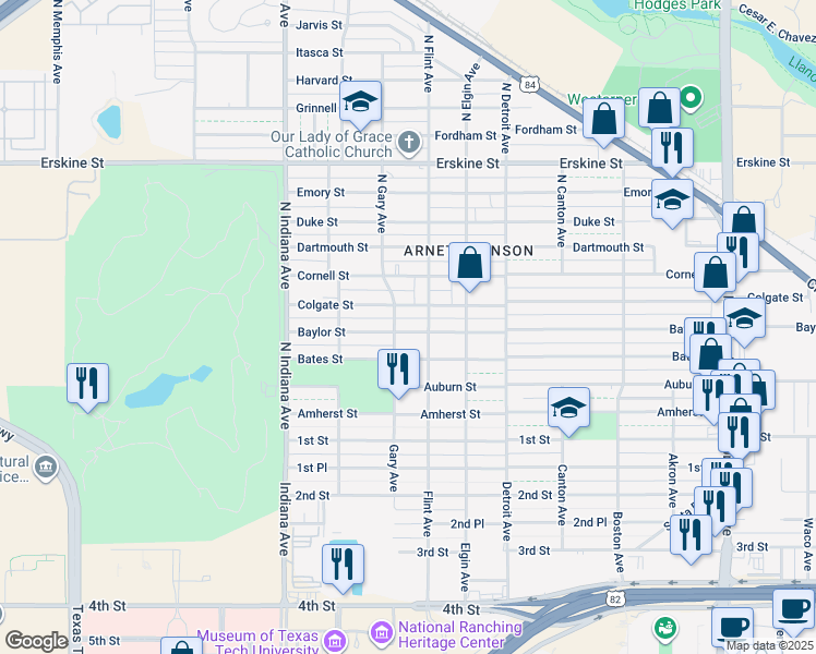 map of restaurants, bars, coffee shops, grocery stores, and more near 3110 Baylor Street in Lubbock