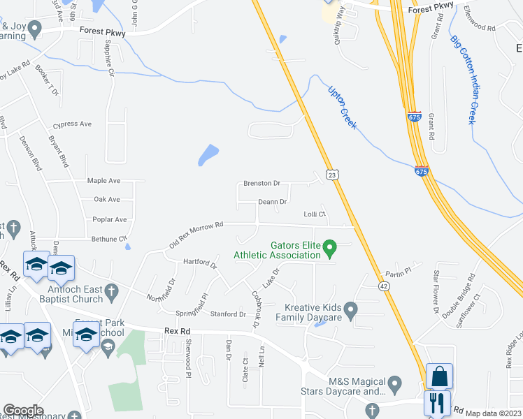 map of restaurants, bars, coffee shops, grocery stores, and more near 530 Brenston Boulevard in Ellenwood