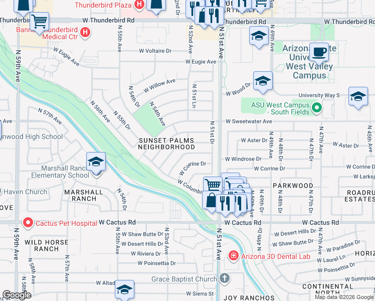 map of restaurants, bars, coffee shops, grocery stores, and more near 5154 West Windrose Drive in Glendale