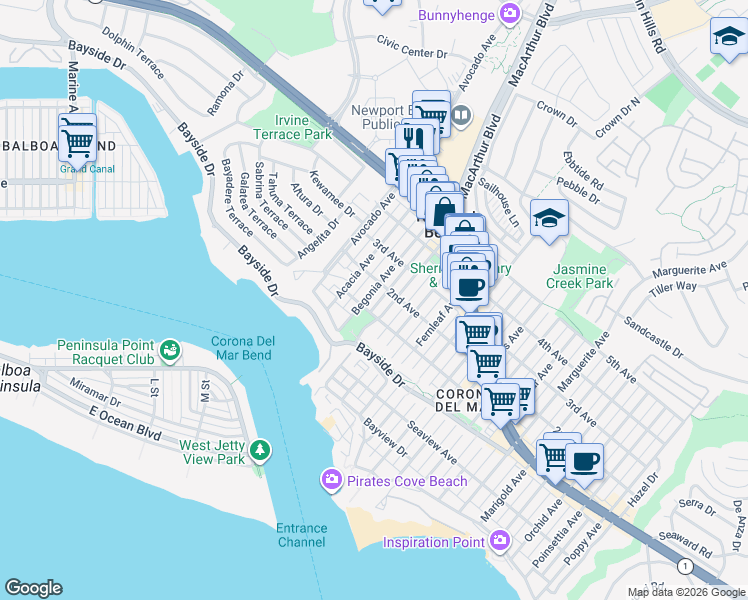 map of restaurants, bars, coffee shops, grocery stores, and more near 434 Begonia Avenue in Newport Beach