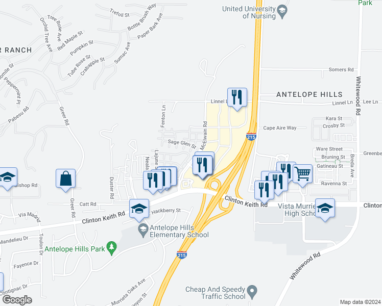 map of restaurants, bars, coffee shops, grocery stores, and more near 35724 Kittentails Lane in Murrieta