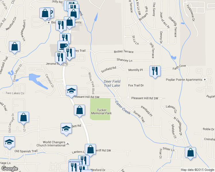 map of restaurants, bars, coffee shops, grocery stores, and more near 2200 Surrey Trail in College Park