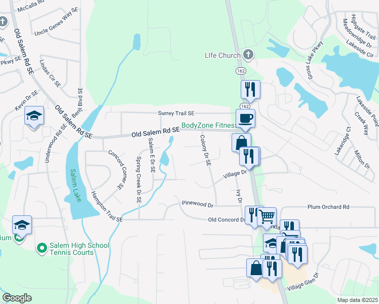 map of restaurants, bars, coffee shops, grocery stores, and more near 2101 Tony Court Southeast in Conyers