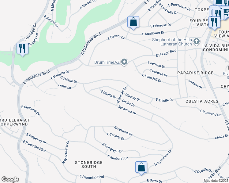 map of restaurants, bars, coffee shops, grocery stores, and more near 15615 Chicory Drive in Fountain Hills