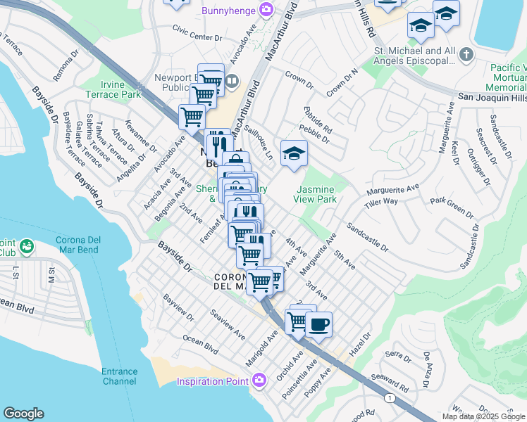 map of restaurants, bars, coffee shops, grocery stores, and more near 704 Goldenrod Avenue in Newport Beach