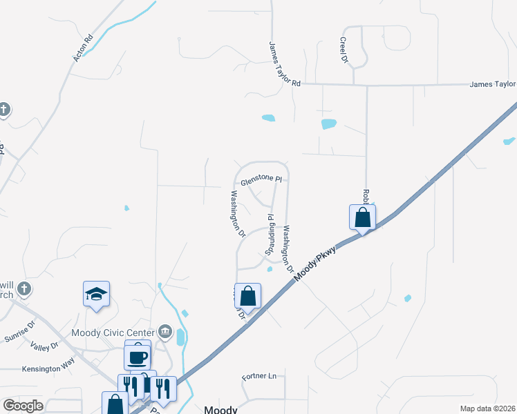 map of restaurants, bars, coffee shops, grocery stores, and more near 1013 Washington Court in Moody