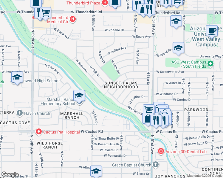 map of restaurants, bars, coffee shops, grocery stores, and more near 5527 West Sweetwater Avenue in Glendale