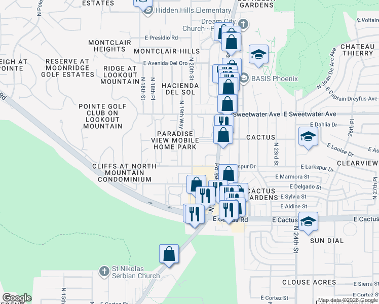 map of restaurants, bars, coffee shops, grocery stores, and more near 12626 North 20th Street in Phoenix