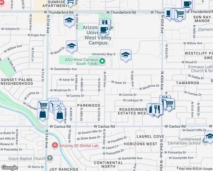 map of restaurants, bars, coffee shops, grocery stores, and more near 12645 North 47th Avenue in Glendale