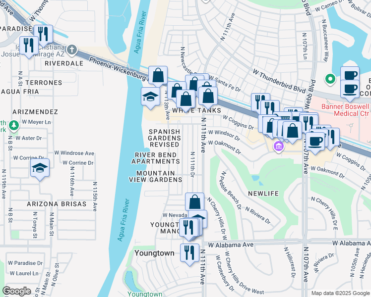 map of restaurants, bars, coffee shops, grocery stores, and more near 12835 North 112th Avenue in Youngtown