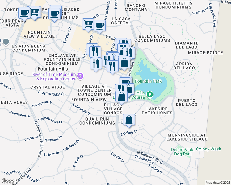 map of restaurants, bars, coffee shops, grocery stores, and more near 16800 East El Lago Boulevard in Fountain Hills
