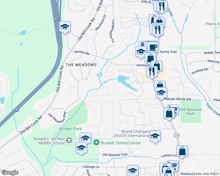 map of restaurants, bars, coffee shops, grocery stores, and more near 5636 One Lake Way in Atlanta