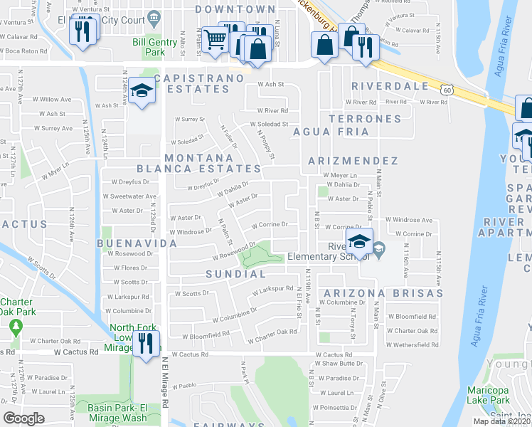 map of restaurants, bars, coffee shops, grocery stores, and more near 12007 West Windrose Drive in El Mirage