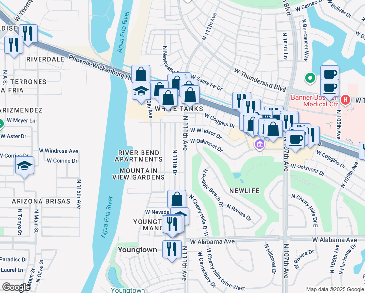 map of restaurants, bars, coffee shops, grocery stores, and more near 12840 North 111th Avenue in Youngtown