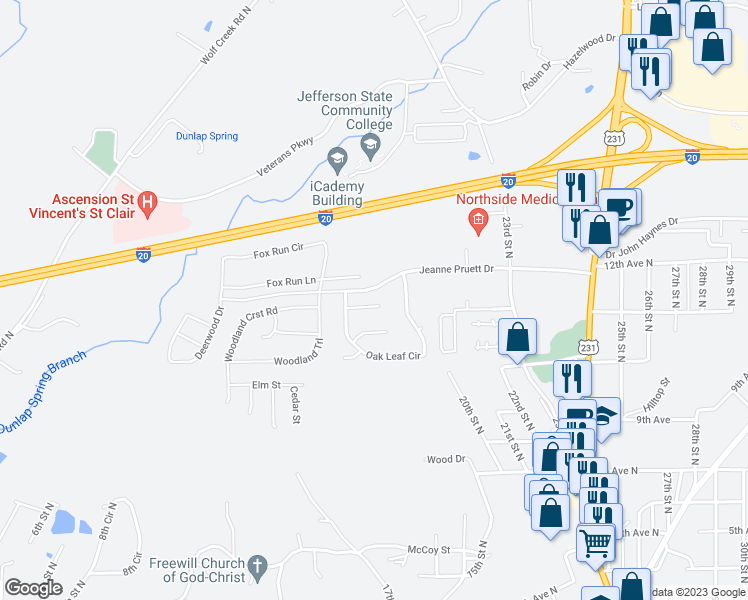 map of restaurants, bars, coffee shops, grocery stores, and more near 155 Pine Court in Pell City