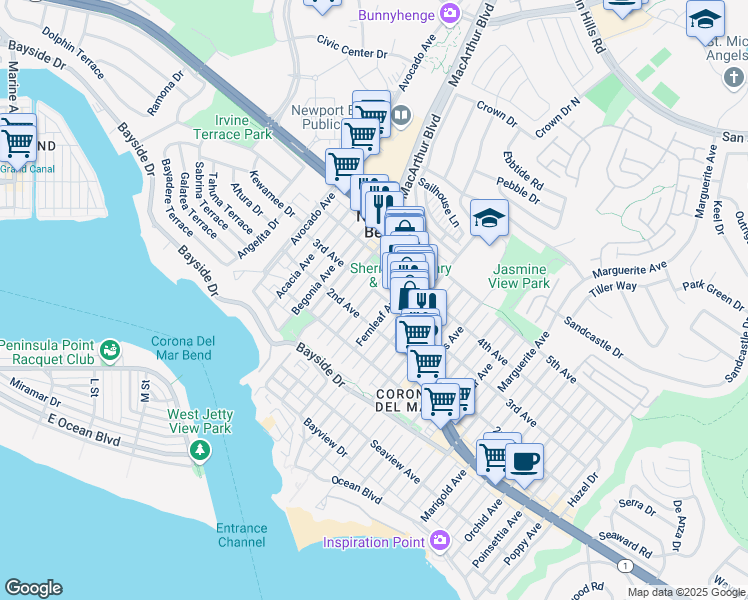 map of restaurants, bars, coffee shops, grocery stores, and more near 516 Dahlia Avenue in Newport Beach