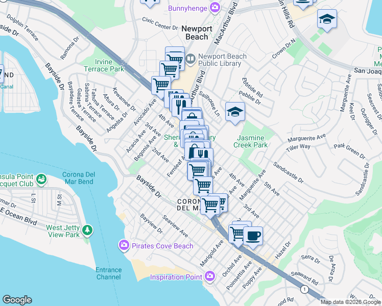 map of restaurants, bars, coffee shops, grocery stores, and more near 2711 East Coast Highway in Newport Beach